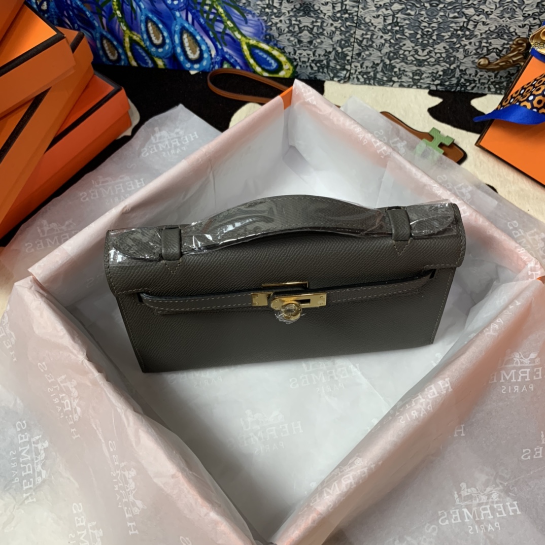 Hermes Mini Kelly Pochette 22cm Bag In Dark Grey Epsom Leather